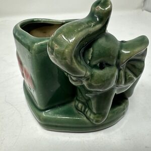 VTG 1960's MCM Green Heart Elephant Planter Trinket Holder Pink Flowers 4" X 4"